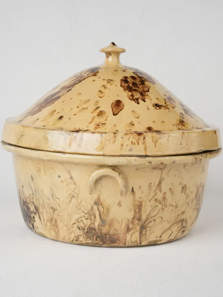 Extra-Large 19th-Century French Lidded Casserole - Yellow & Brown Marbled Glaze