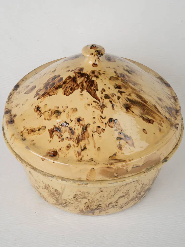 Extra-Large 19th-Century French Lidded Casserole - Yellow & Brown Marbled Glaze