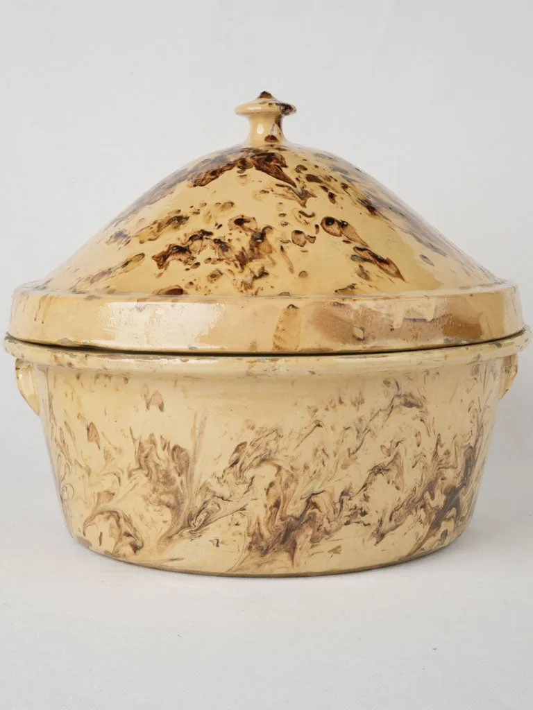 Extra-Large 19th-Century French Lidded Casserole - Yellow & Brown Marbled Glaze