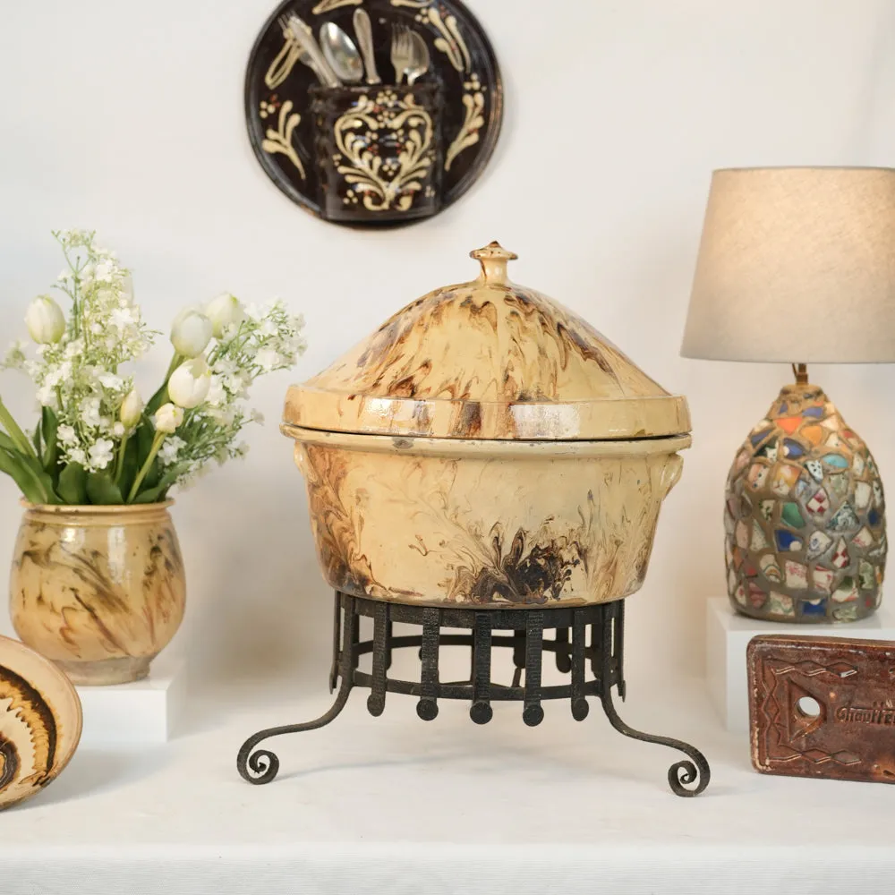 Extra-Large 19th-Century French Lidded Casserole - Yellow & Brown Marbled Glaze