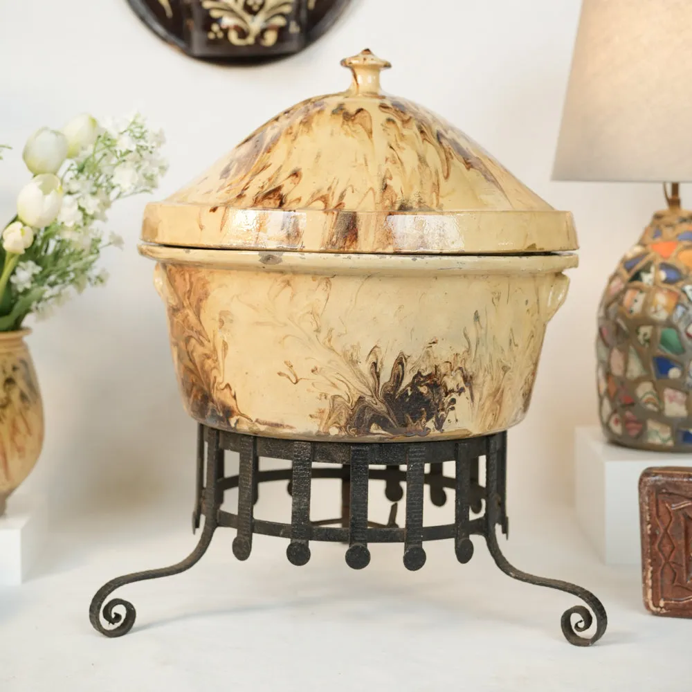 Extra-Large 19th-Century French Lidded Casserole - Yellow & Brown Marbled Glaze