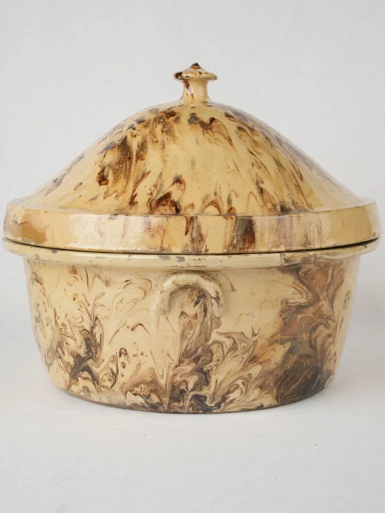 Extra-Large 19th-Century French Lidded Casserole - Yellow & Brown Marbled Glaze