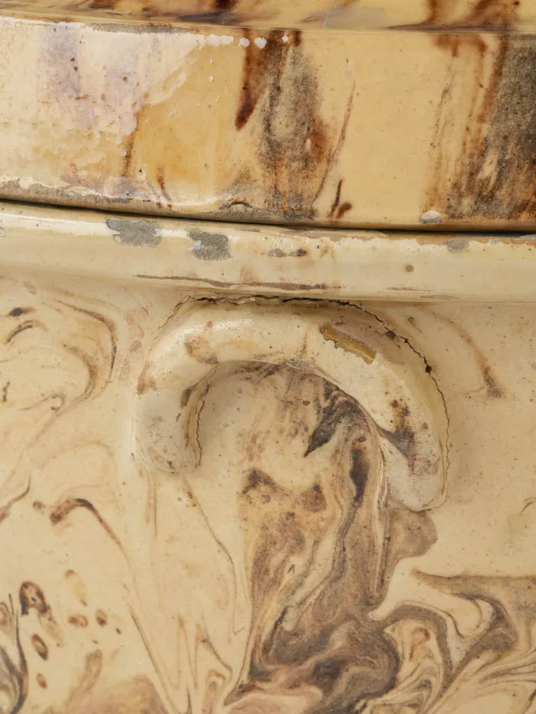 Extra-Large 19th-Century French Lidded Casserole - Yellow & Brown Marbled Glaze