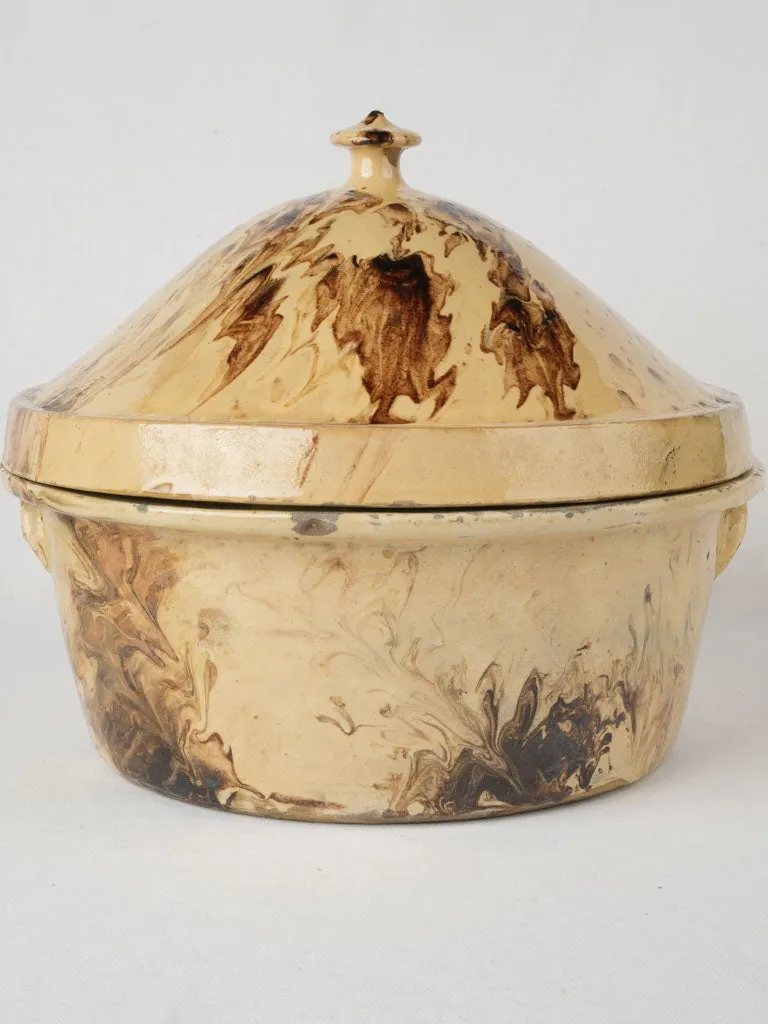 Extra-Large 19th-Century French Lidded Casserole - Yellow & Brown Marbled Glaze