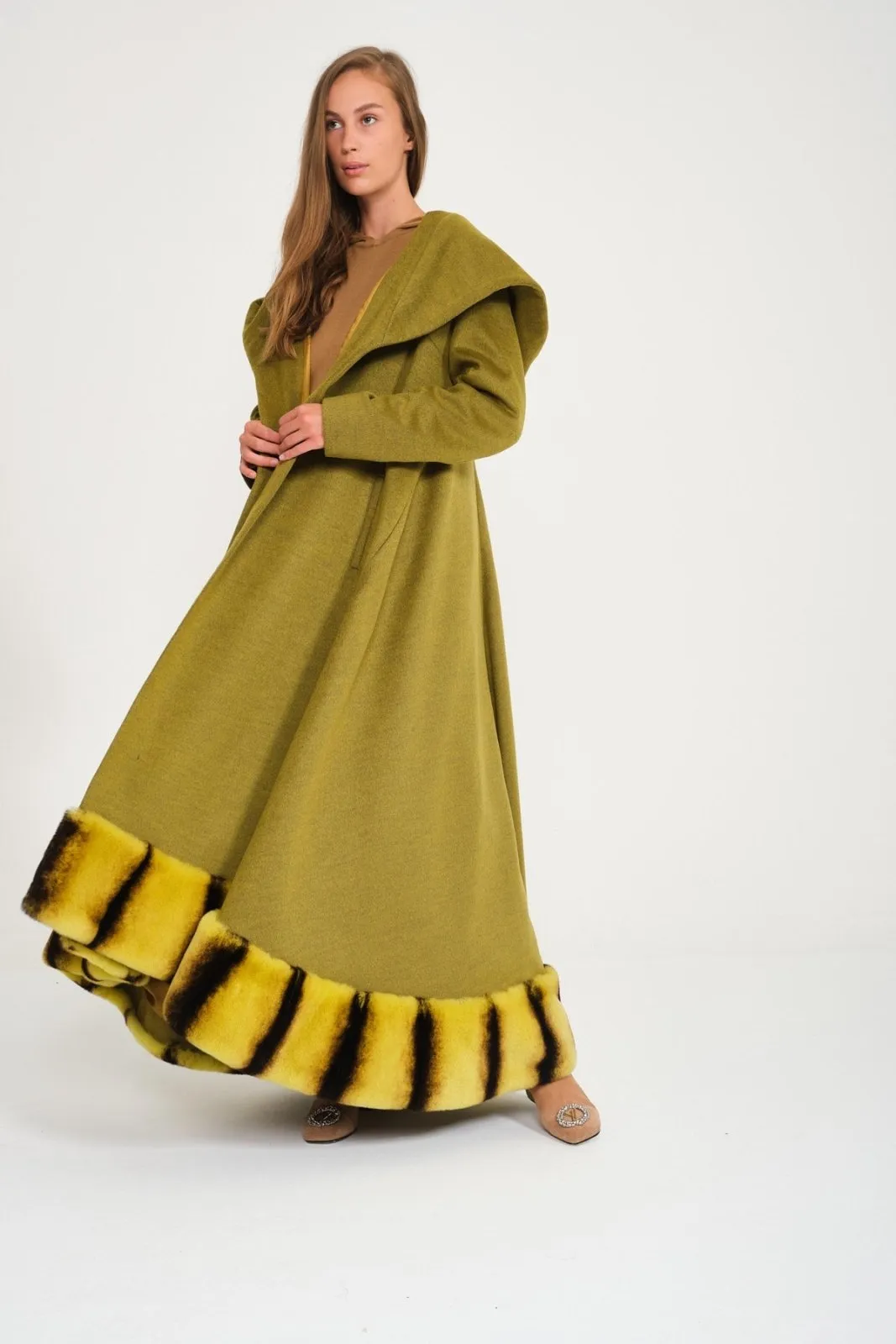 Green Hooded Wool Rex Fur Abaya