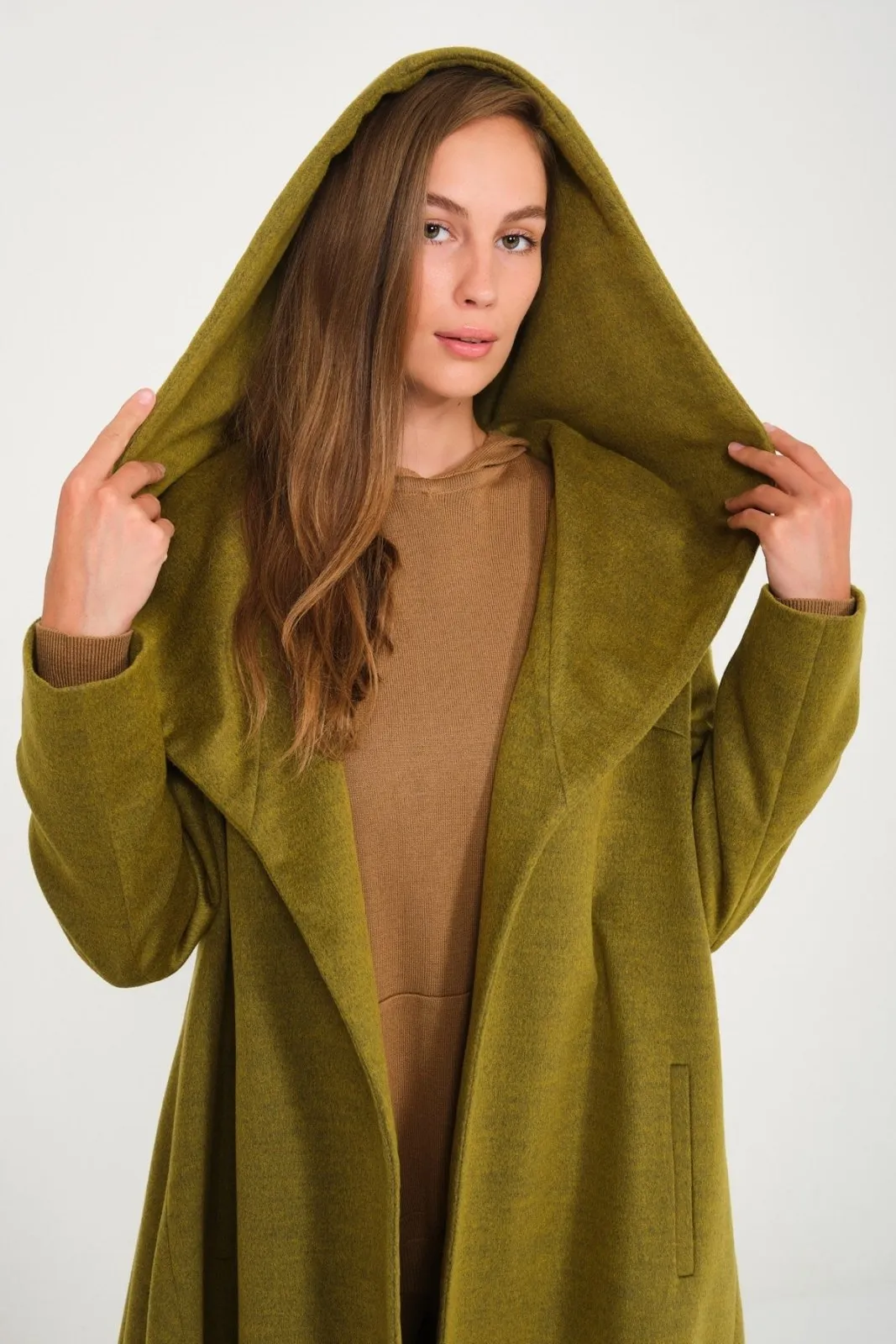 Green Hooded Wool Rex Fur Abaya