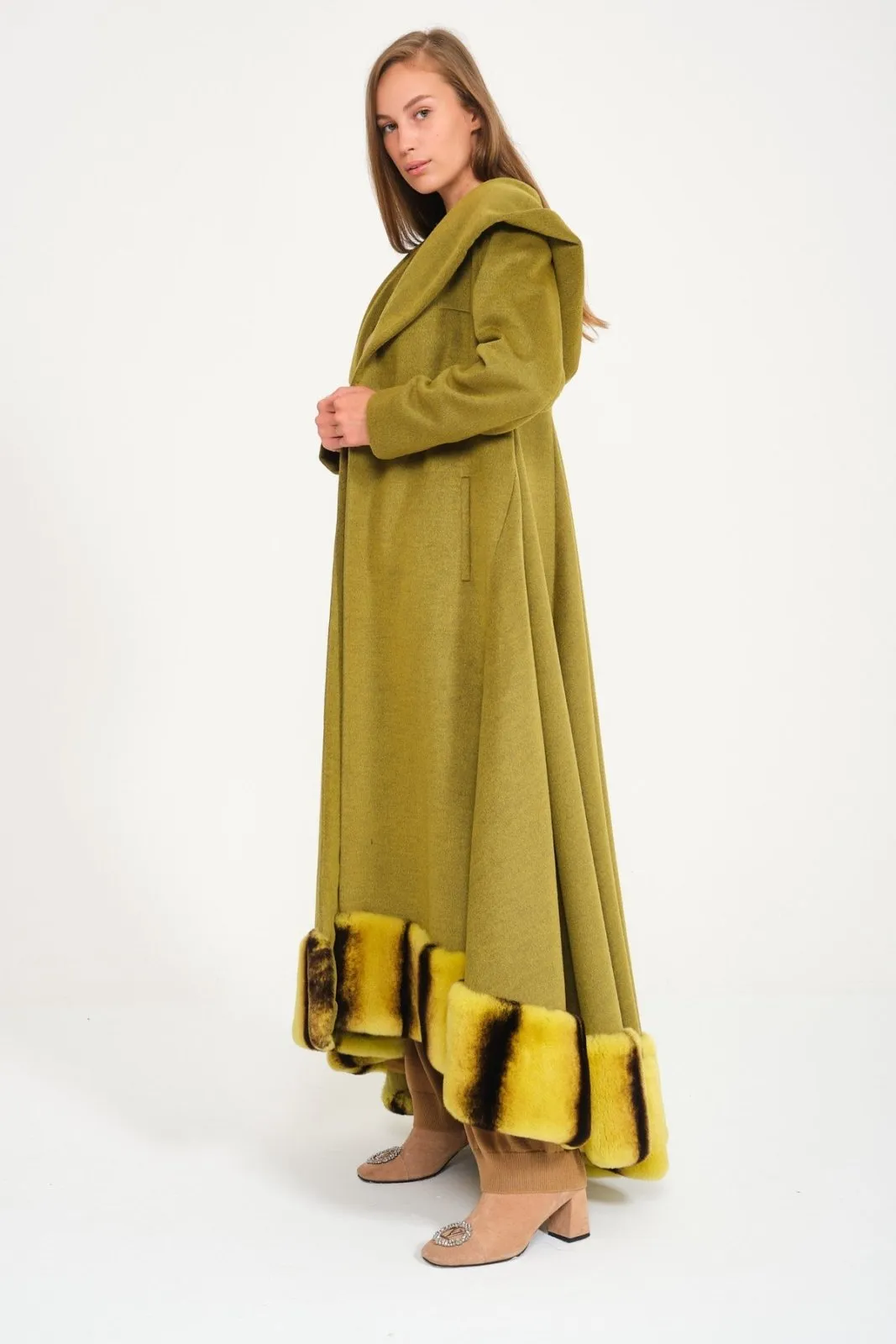 Green Hooded Wool Rex Fur Abaya