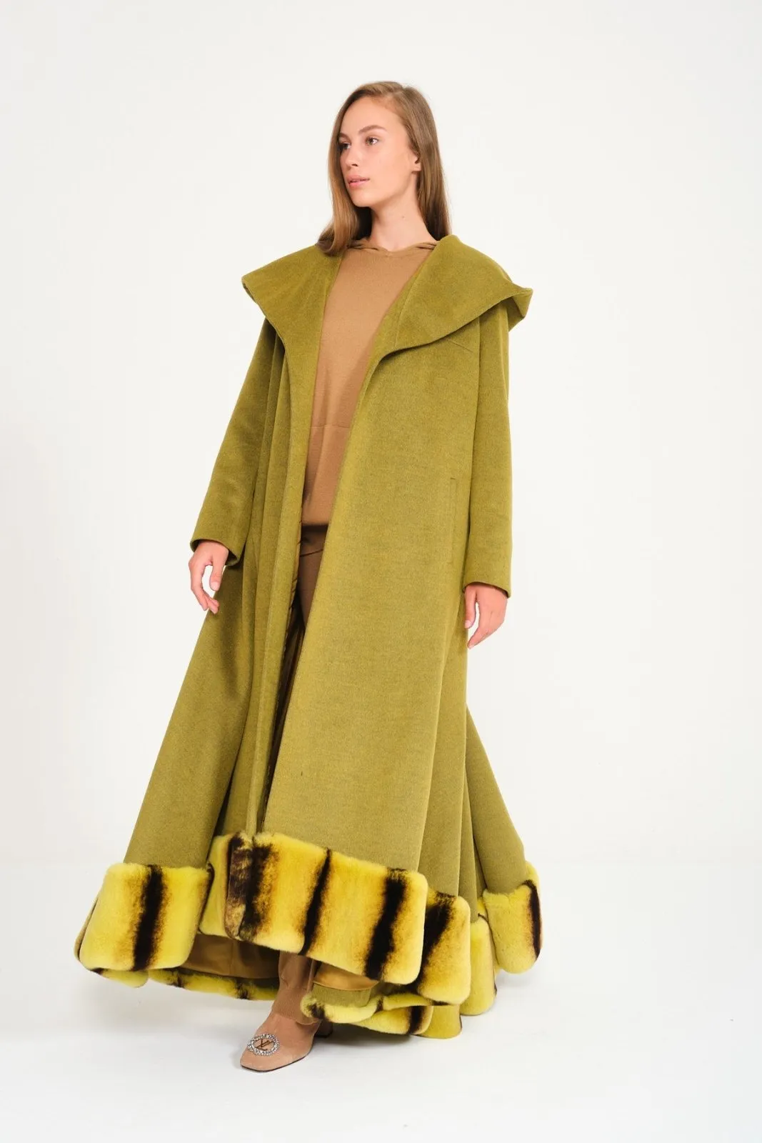 Green Hooded Wool Rex Fur Abaya