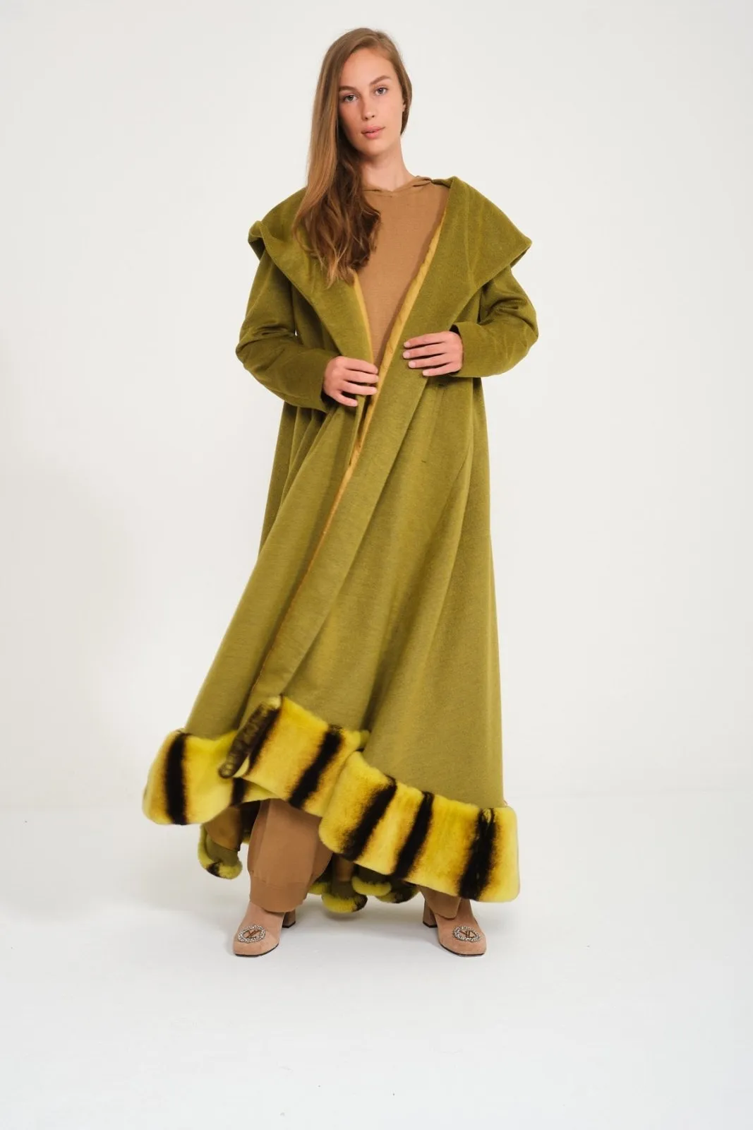 Green Hooded Wool Rex Fur Abaya