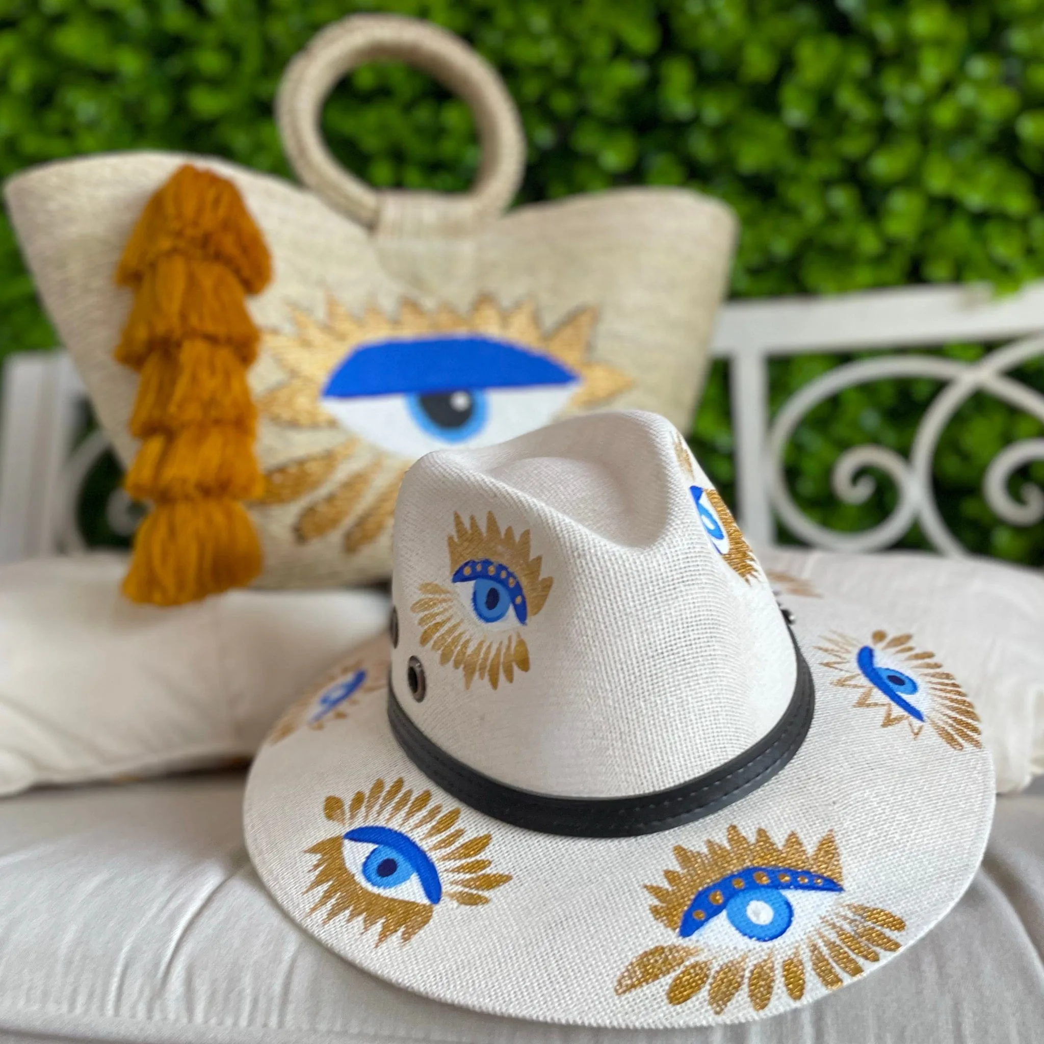 Hand Painted Eye Palm Tote and Hat Set