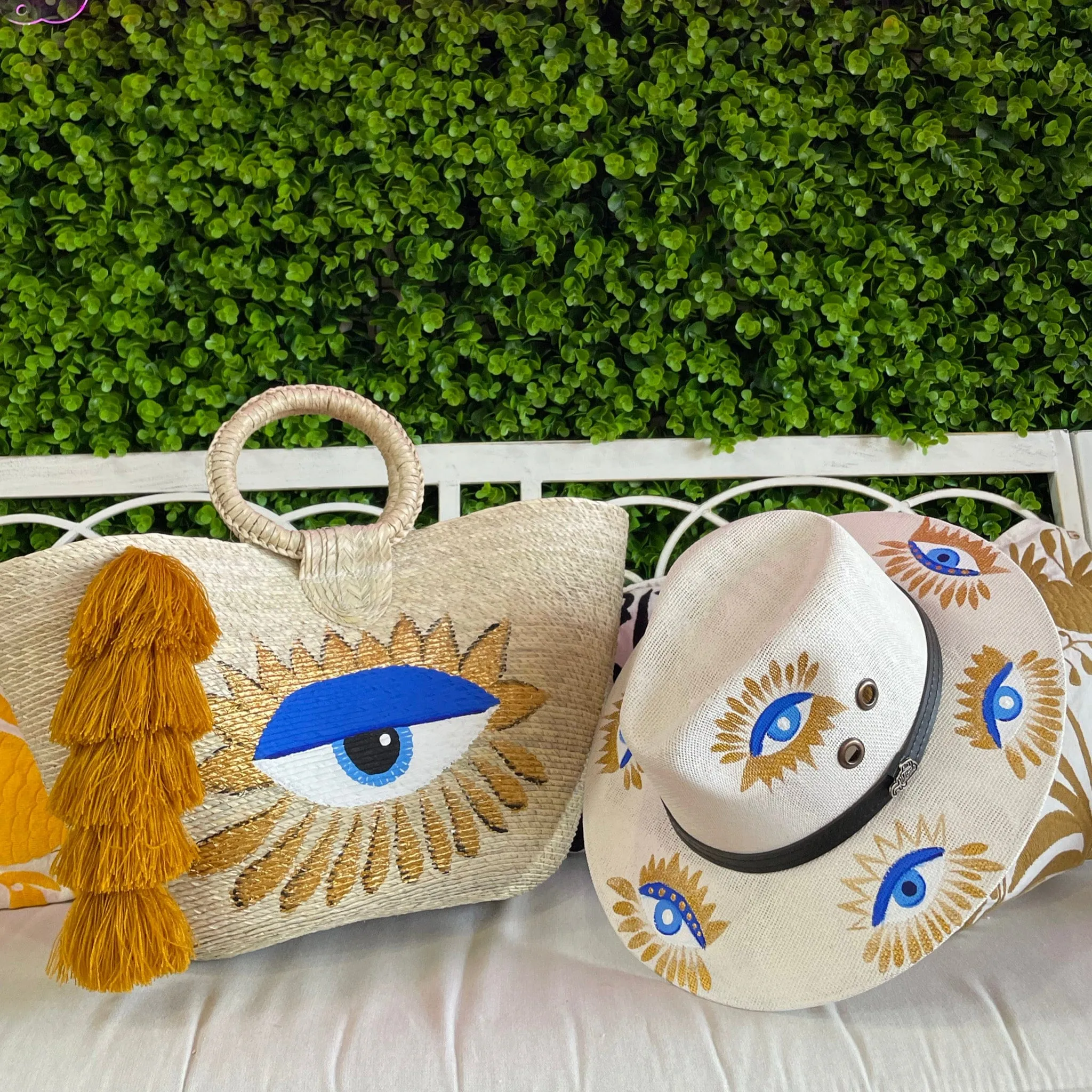 Hand Painted Eye Palm Tote and Hat Set