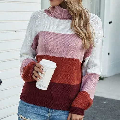 High Neck Patchwork Knitted Sweater Pullover