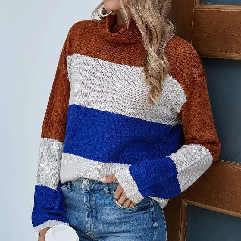 High Neck Patchwork Knitted Sweater Pullover