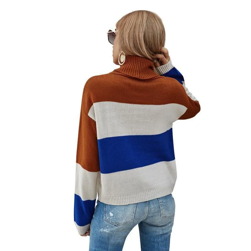 High Neck Patchwork Knitted Sweater Pullover