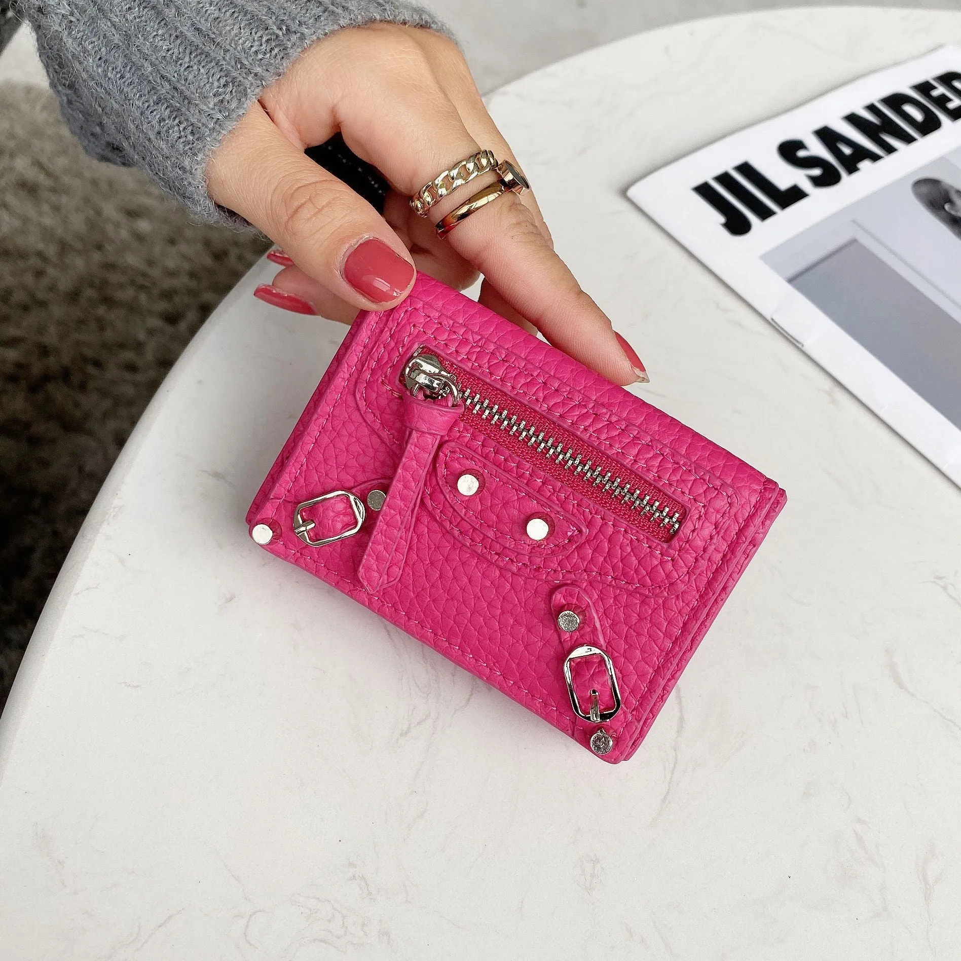 HOTan and NEWn Compact Mini Wallet Leather Wallet Women's Short and Thin Motorcycle Coin Purse Tri Fold Wallet Liu Ding