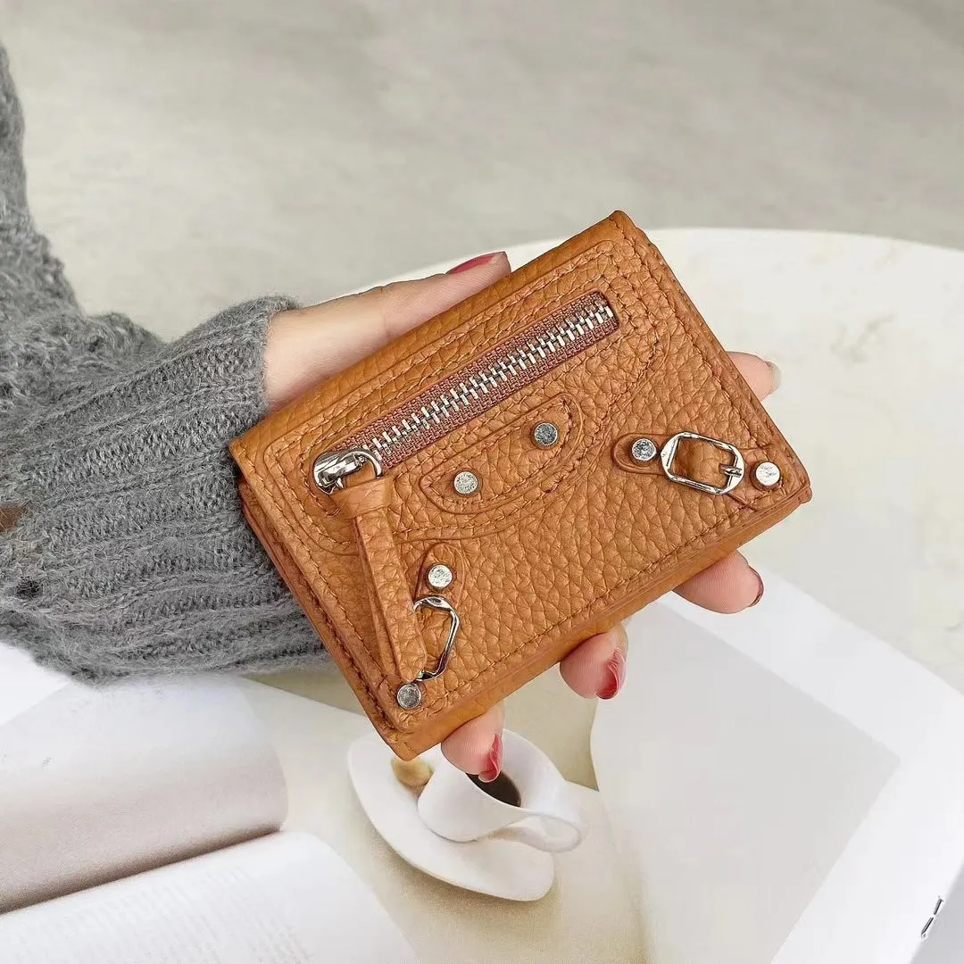 HOTan and NEWn Compact Mini Wallet Leather Wallet Women's Short and Thin Motorcycle Coin Purse Tri Fold Wallet Liu Ding