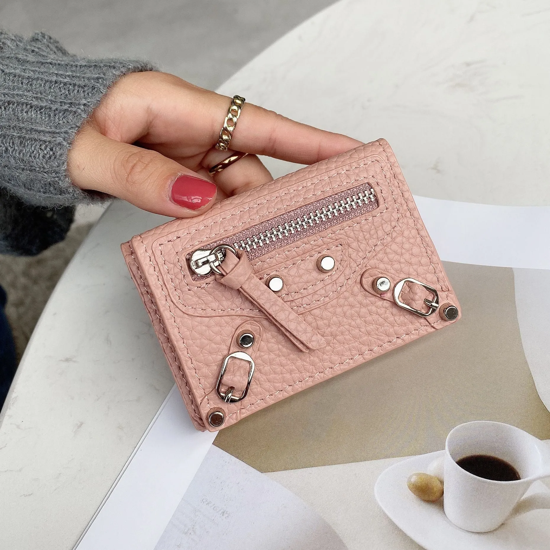 HOTan and NEWn Compact Mini Wallet Leather Wallet Women's Short and Thin Motorcycle Coin Purse Tri Fold Wallet Liu Ding