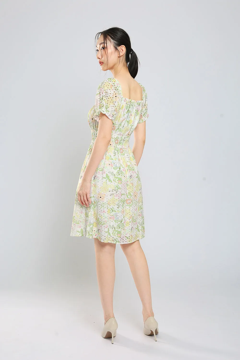 Jeon Midi Dress in Green Floral Eyelet