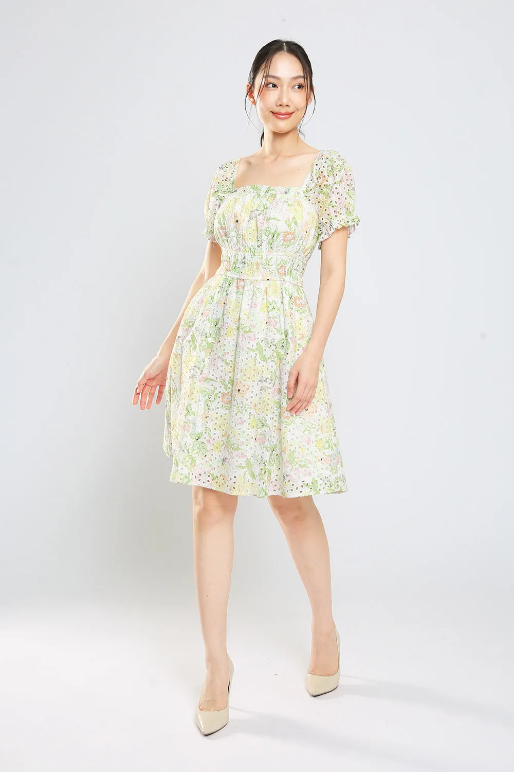 Jeon Midi Dress in Green Floral Eyelet