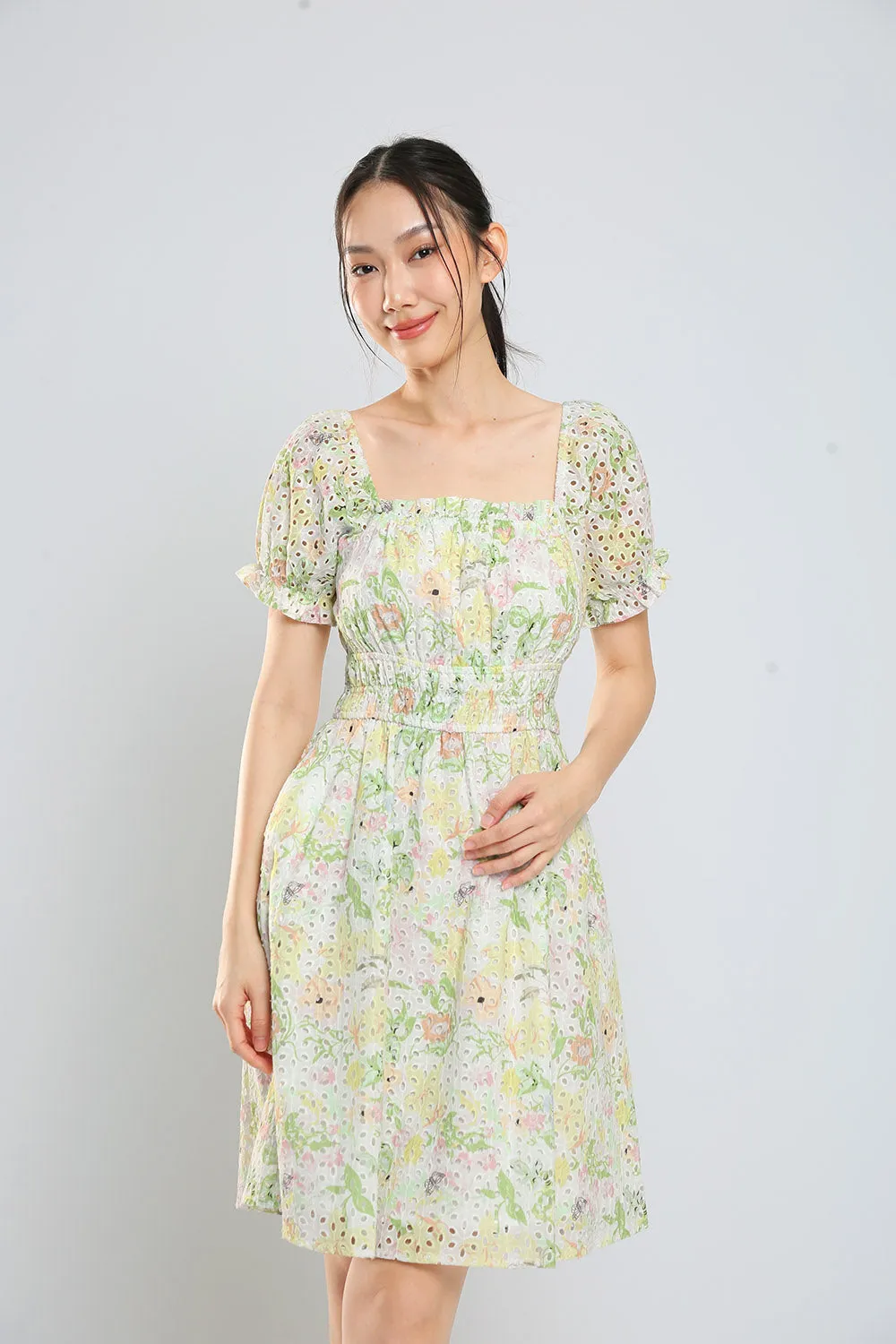 Jeon Midi Dress in Green Floral Eyelet