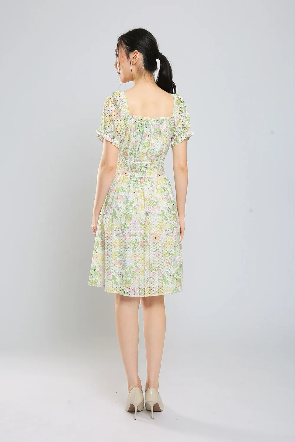 Jeon Midi Dress in Green Floral Eyelet