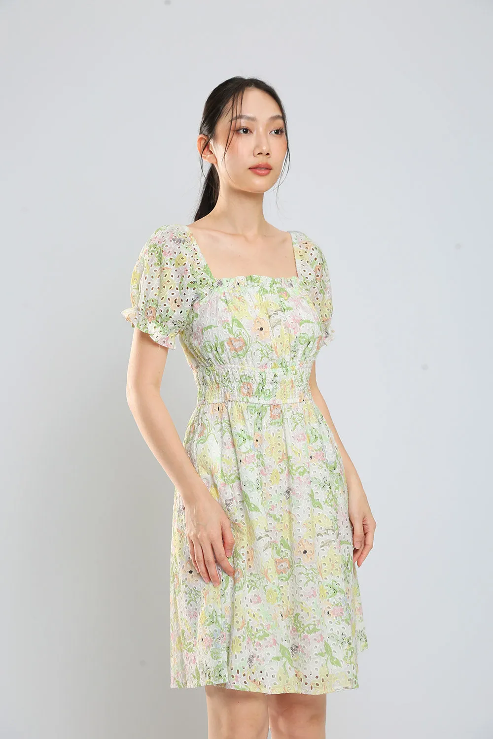 Jeon Midi Dress in Green Floral Eyelet