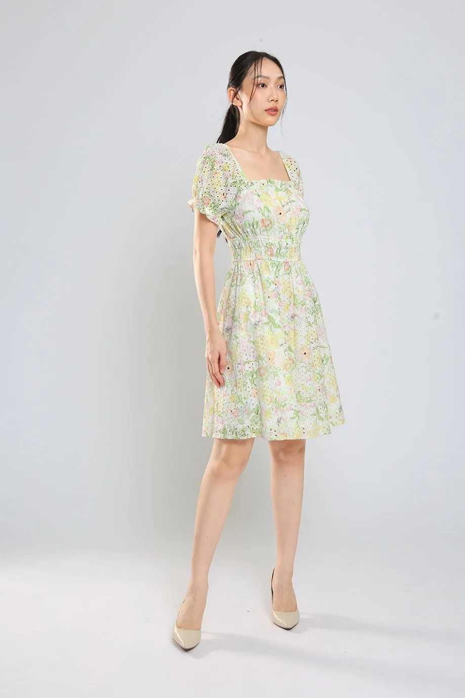 Jeon Midi Dress in Green Floral Eyelet