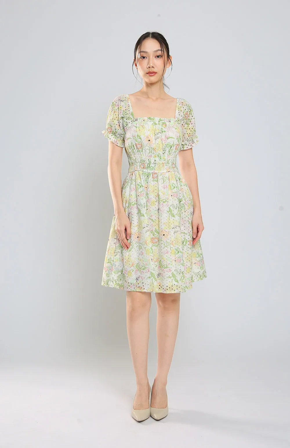 Jeon Midi Dress in Green Floral Eyelet