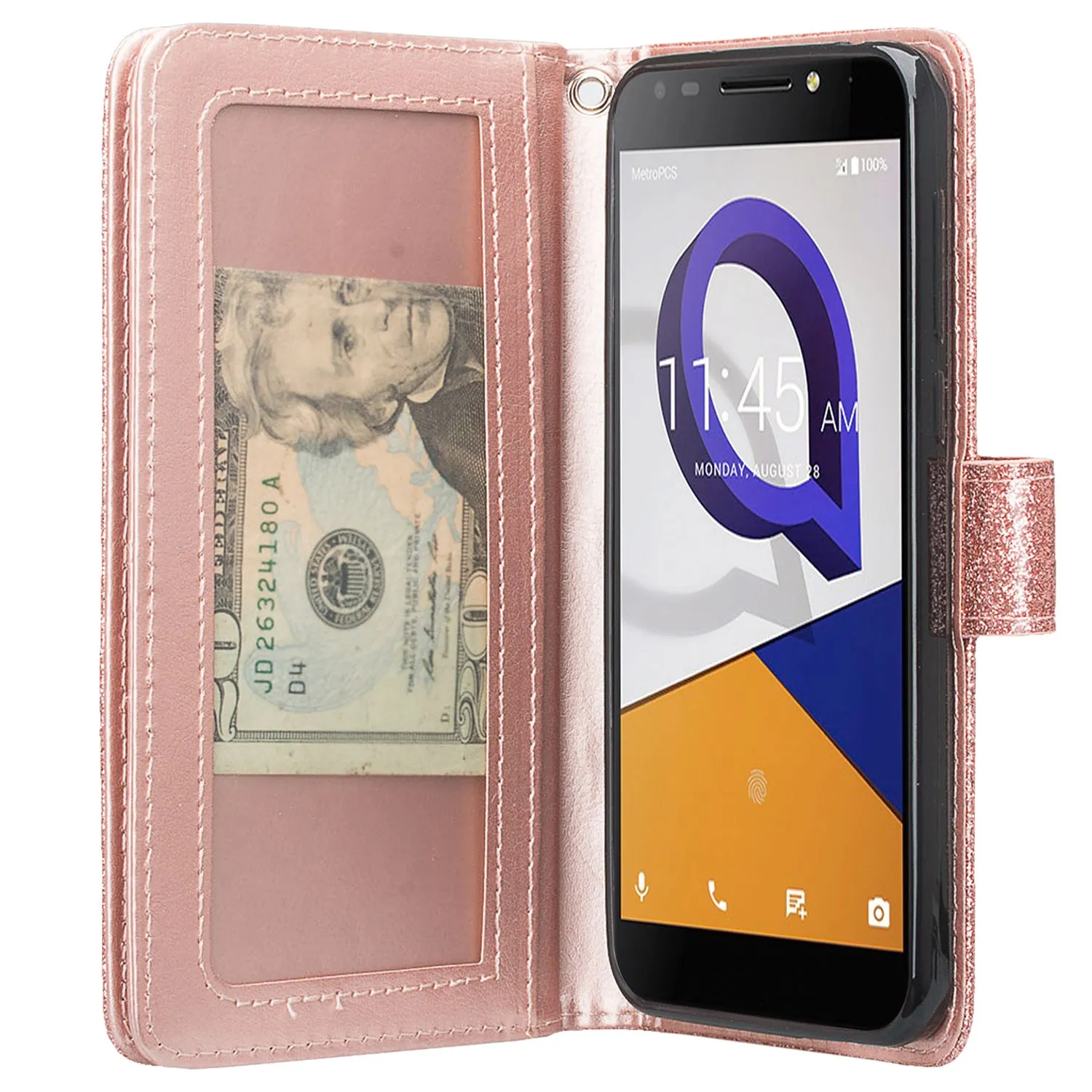 Jitterbug Smart 2 Case, Magnetic Flip Fold Kickstand Glitter Bling Leather Wallet Cover with ID & Credit Card Slots - Rose Gold