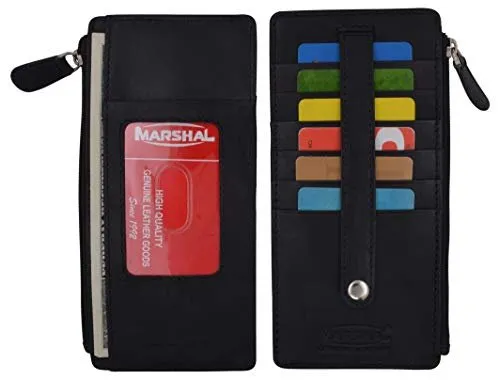 Leather All in One Card Case Holder Slim Wallet With a Card Protection Strap by Marshal