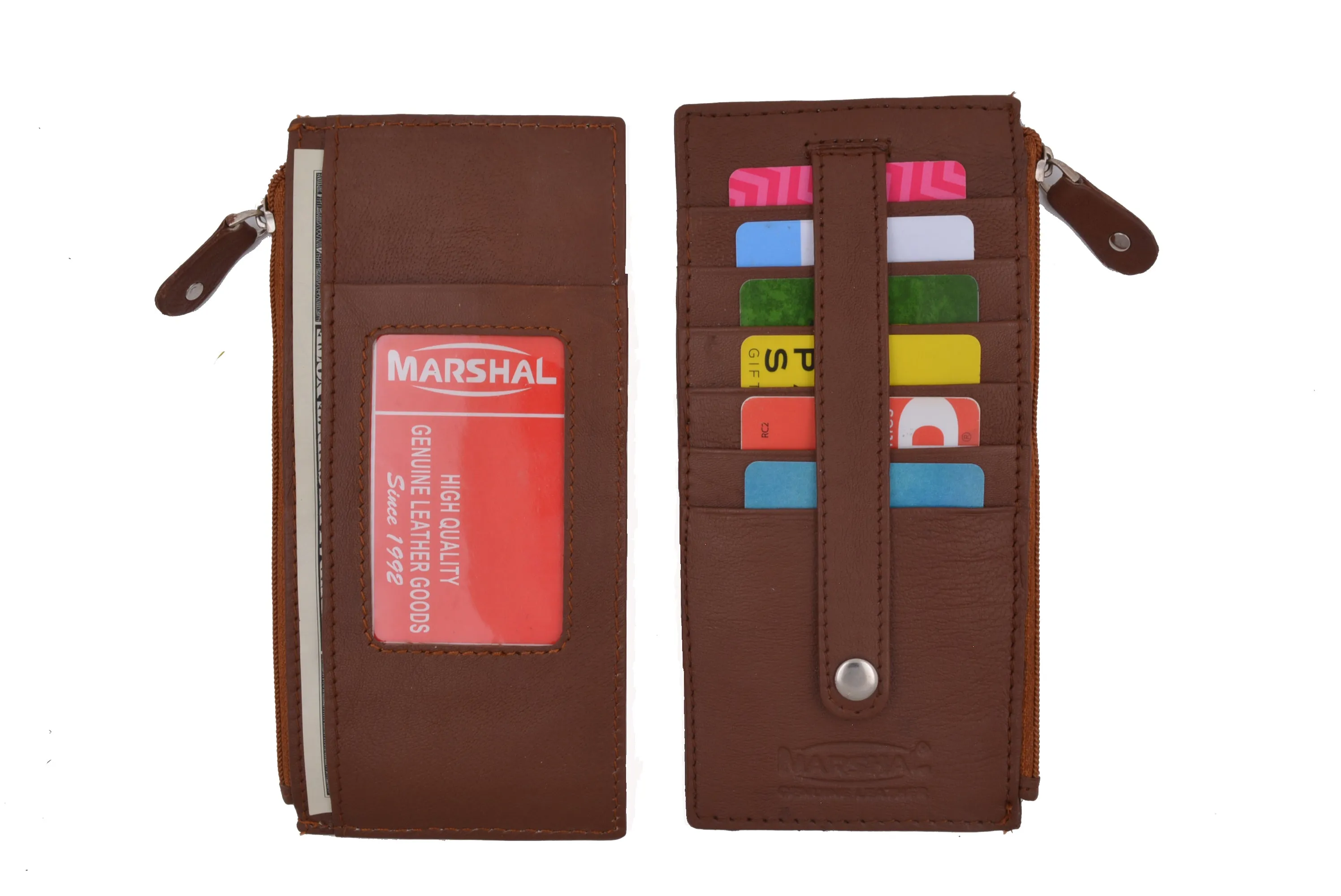 Leather All in One Card Case Holder Slim Wallet With a Card Protection Strap by Marshal