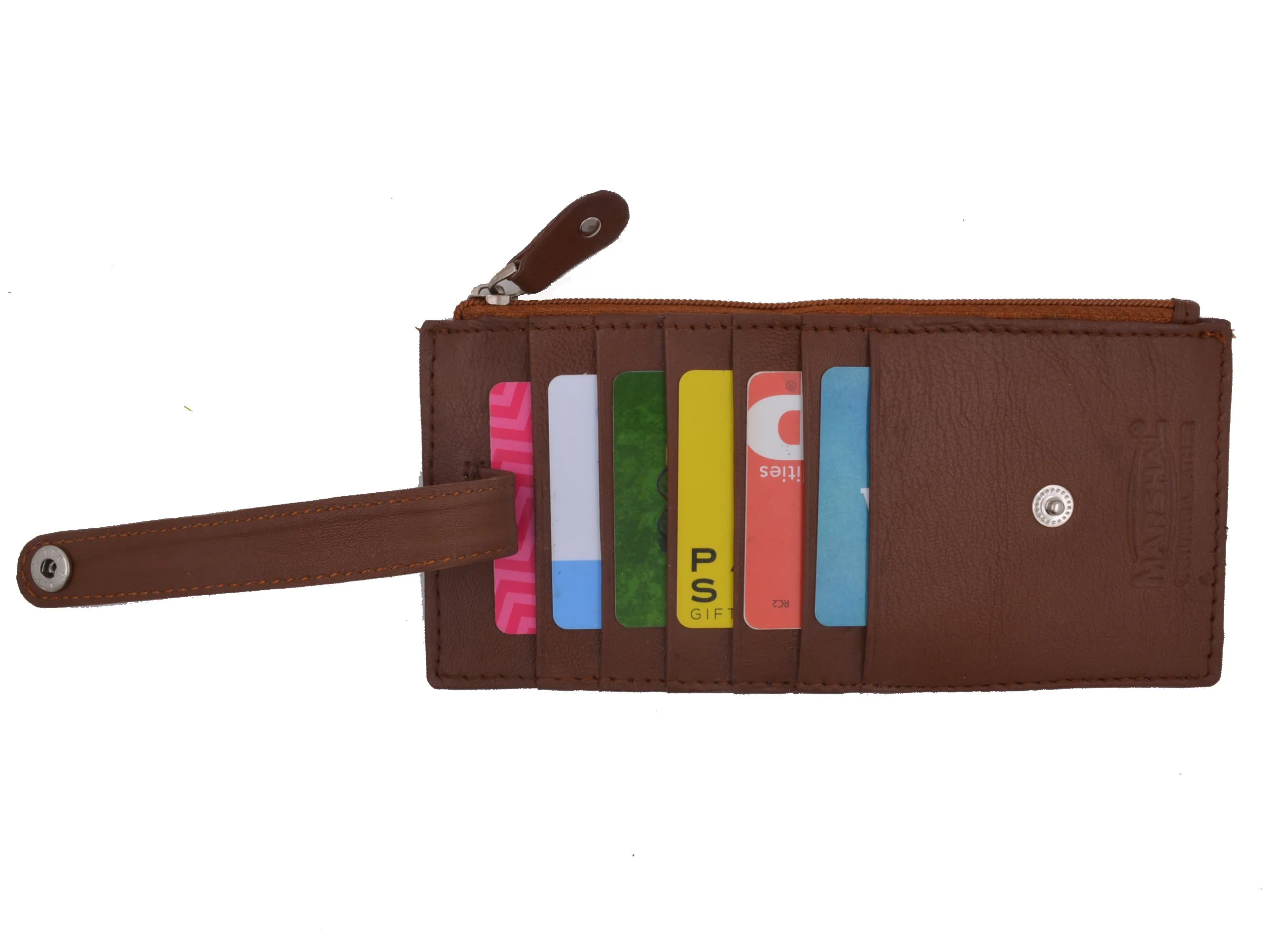 Leather All in One Card Case Holder Slim Wallet With a Card Protection Strap by Marshal