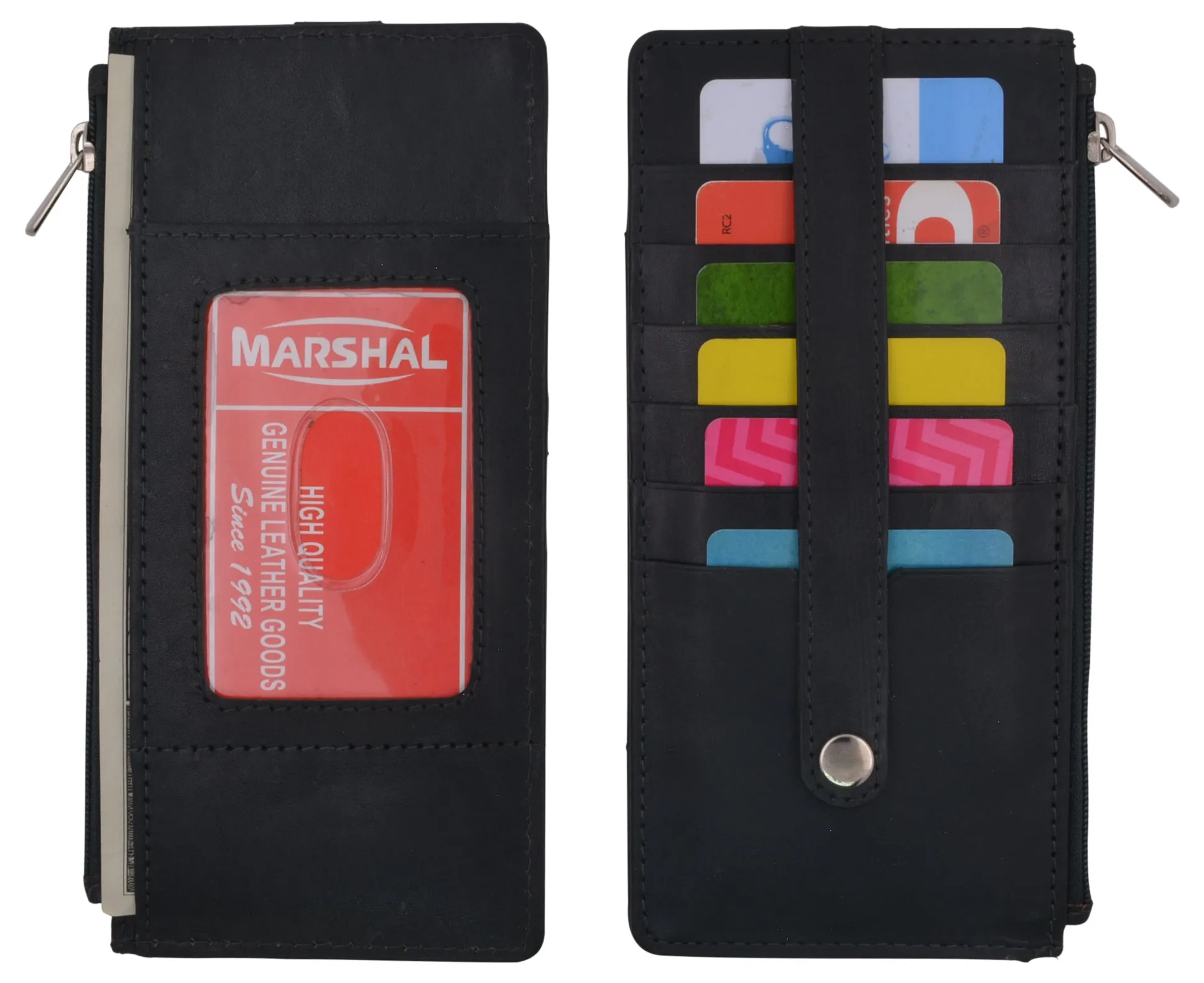 Leather All in One Card Case Holder Slim Wallet With a Card Protection Strap by Marshal