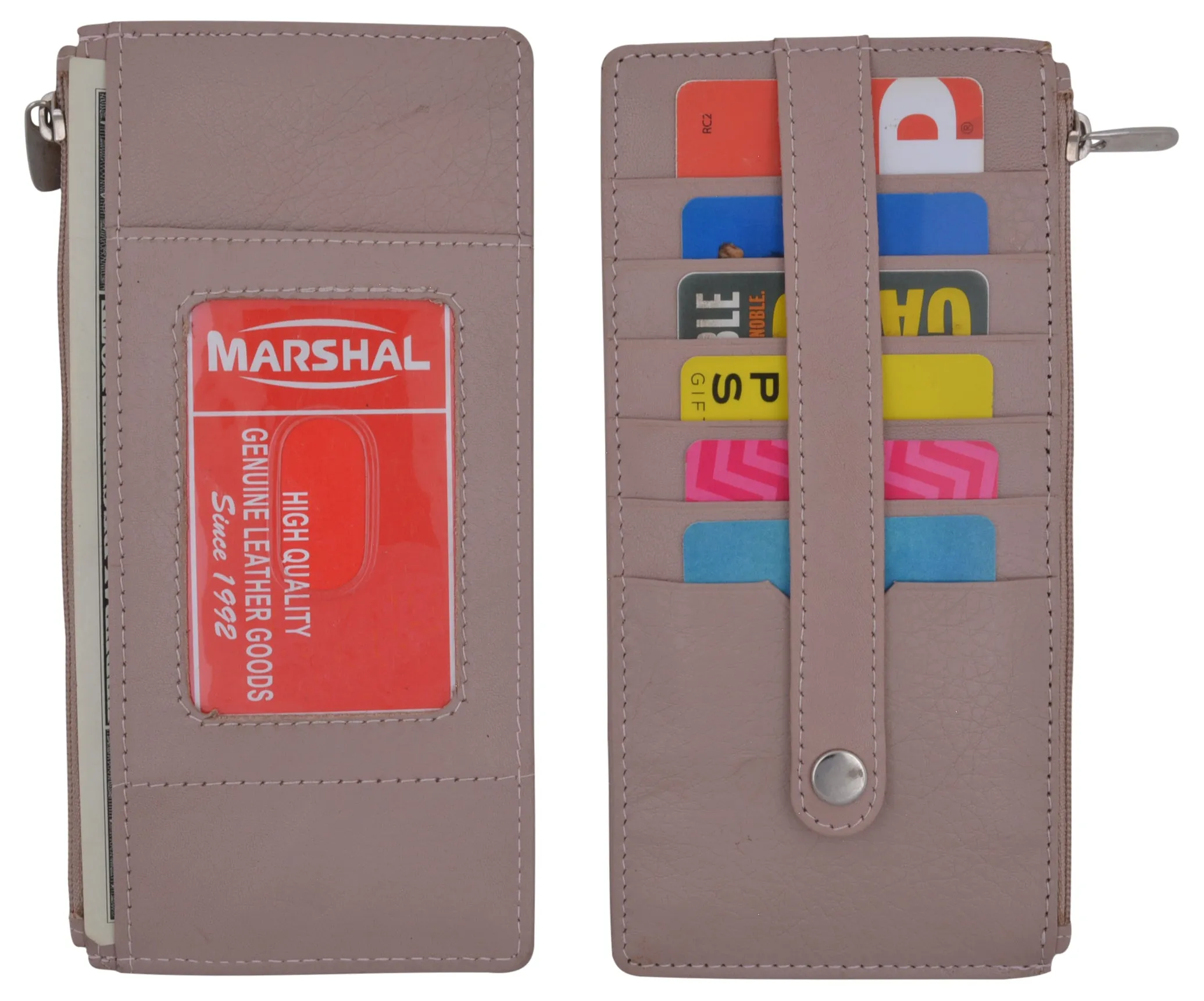 Leather All in One Card Case Holder Slim Wallet With a Card Protection Strap by Marshal