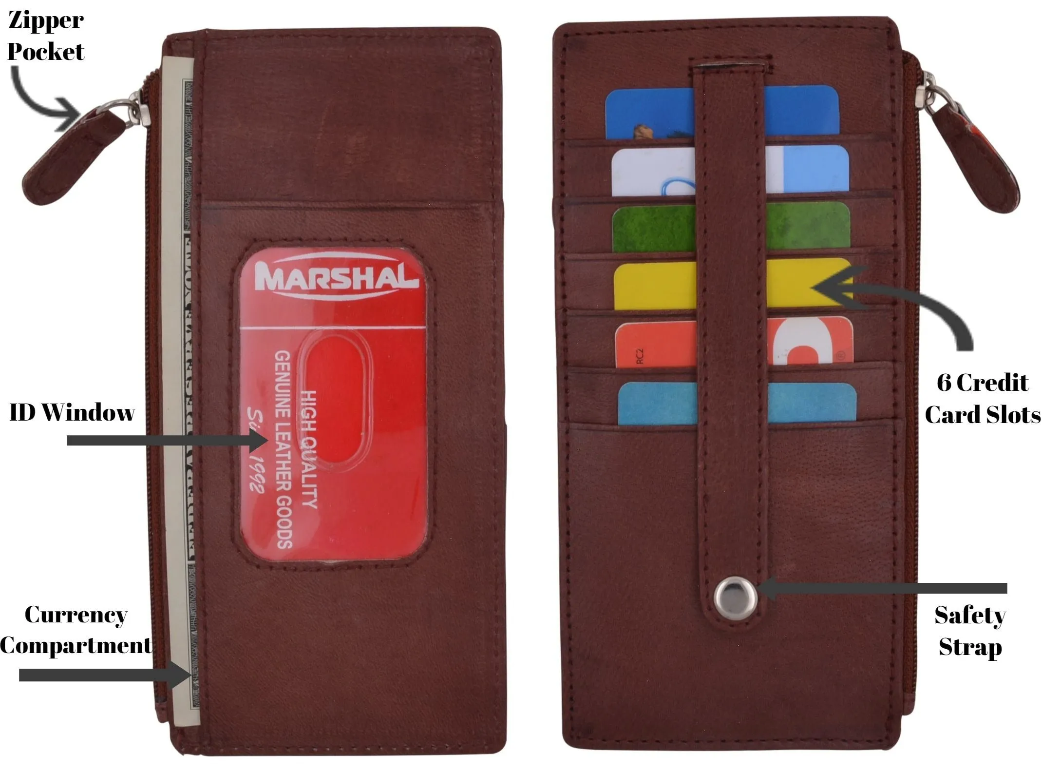 Leather All in One Card Case Holder Slim Wallet With a Card Protection Strap by Marshal