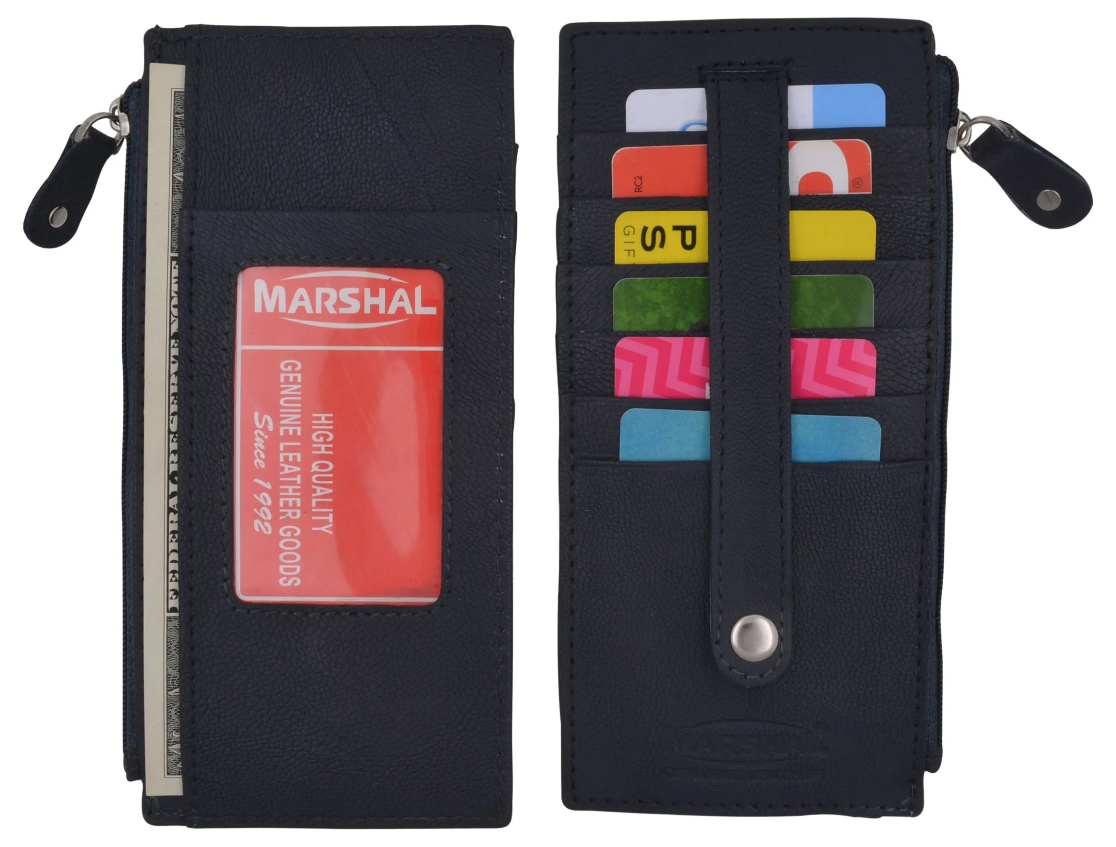 Leather All in One Card Case Holder Slim Wallet With a Card Protection Strap by Marshal