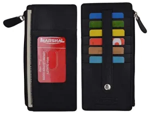 Leather All in One Card Case Holder Slim Wallet With a Card Protection Strap by Marshal