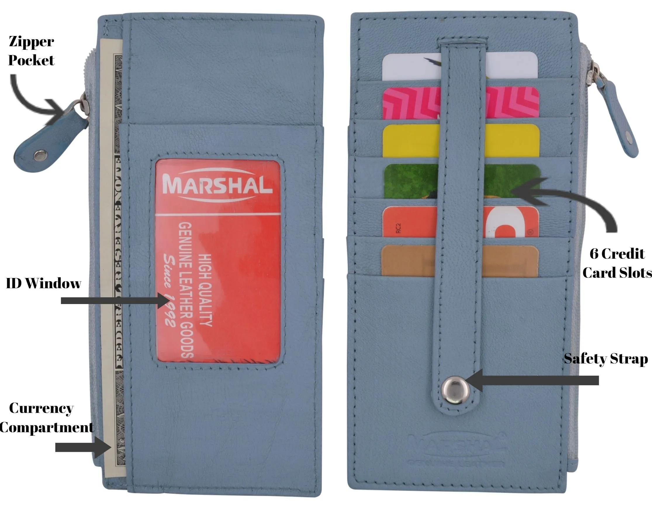 Leather All in One Card Case Holder Slim Wallet With a Card Protection Strap by Marshal