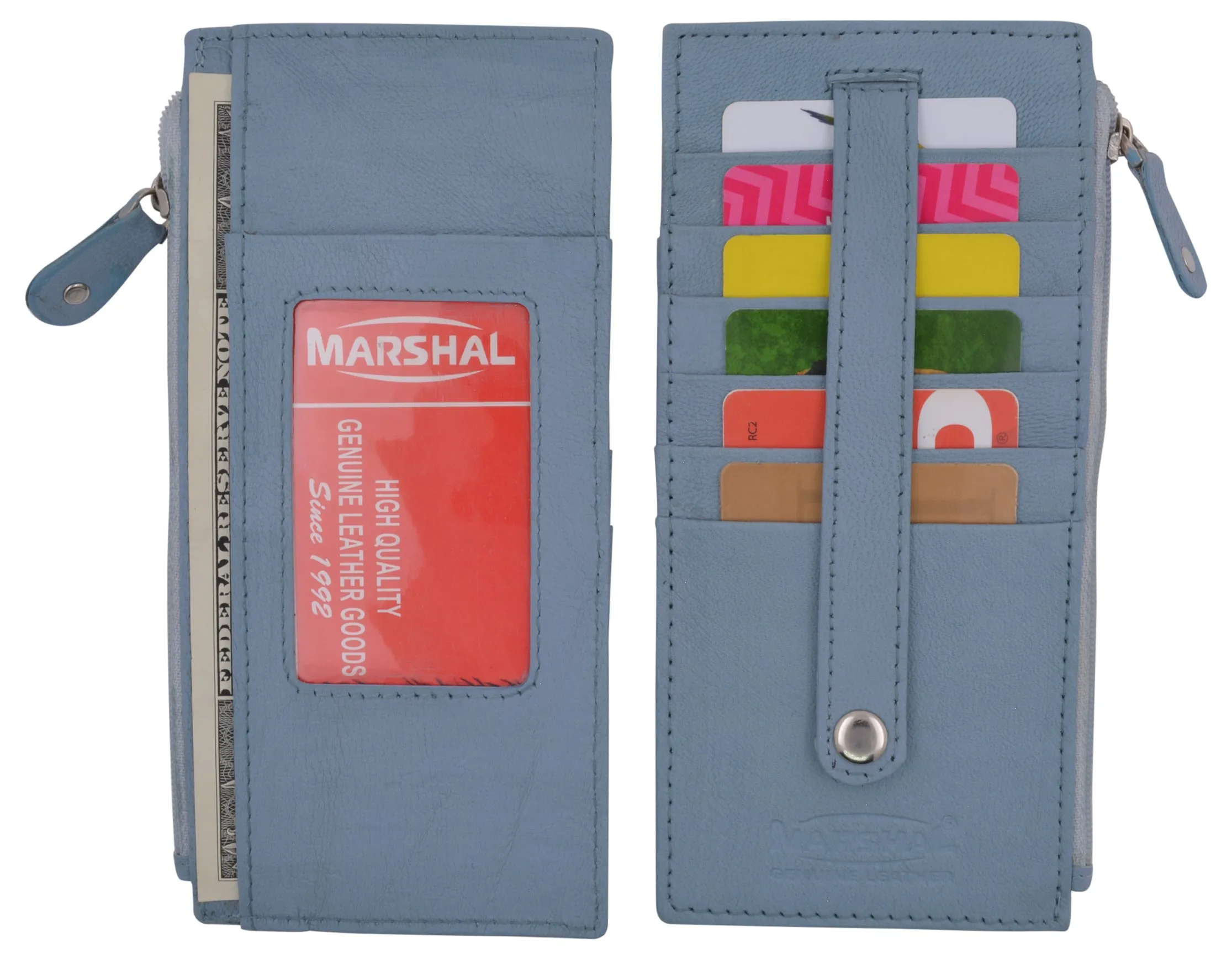 Leather All in One Card Case Holder Slim Wallet With a Card Protection Strap by Marshal