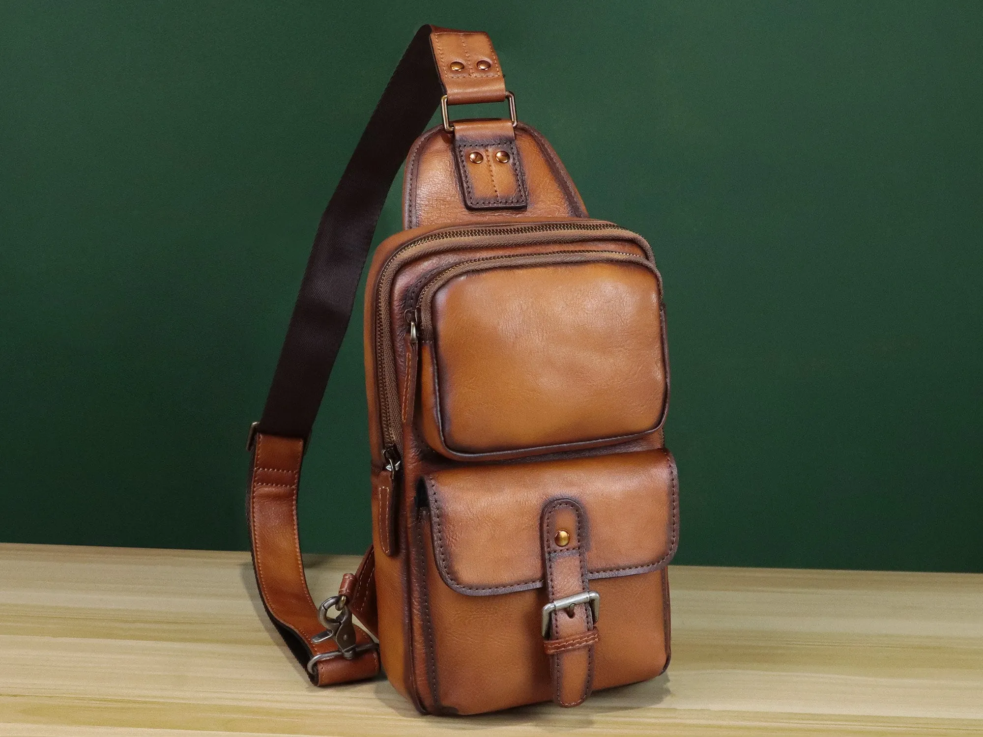 Leather Sling Bag Crossbody Chest Daypack Shoulder Backpack