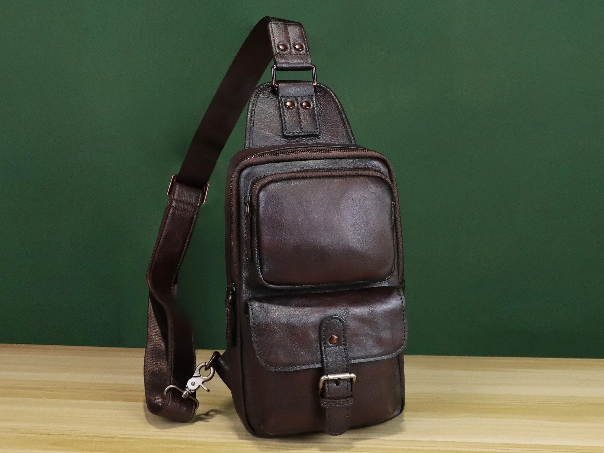 Leather Sling Bag Crossbody Chest Daypack Shoulder Backpack