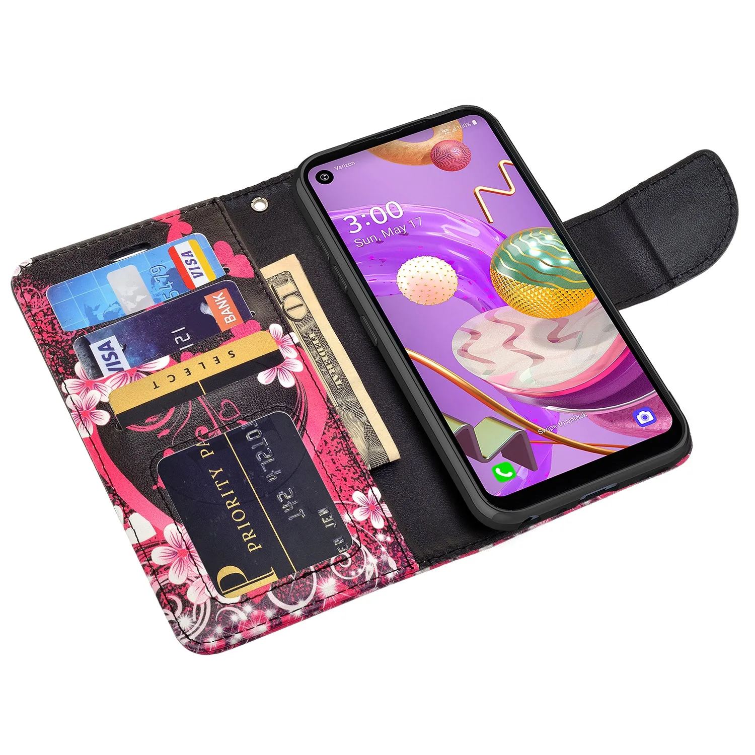 LG K51 Wallet Case, Wrist Strap Pu Leather Wallet Case [Kickstand] with ID & Credit Card Slots - Heart Butterflies