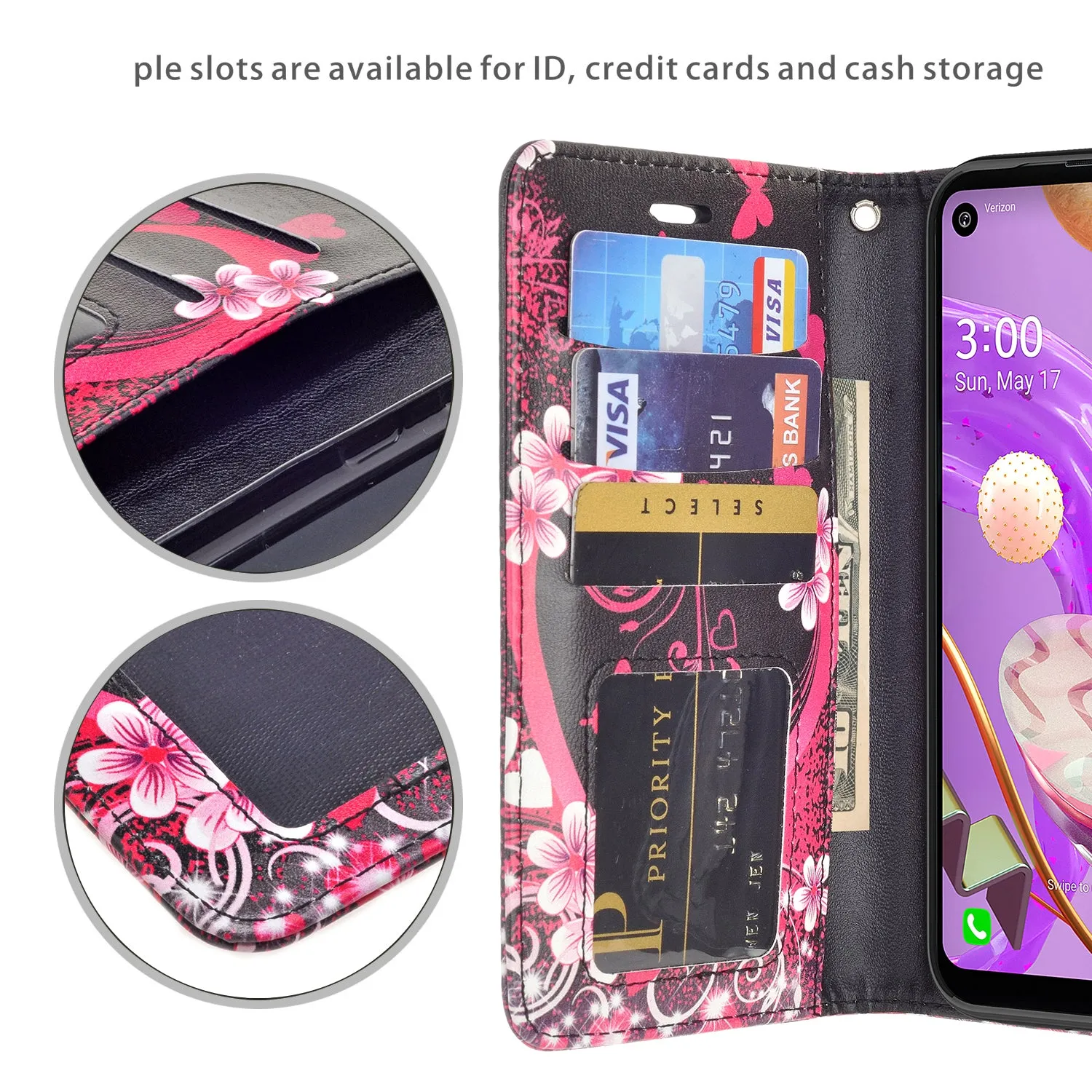 LG K51 Wallet Case, Wrist Strap Pu Leather Wallet Case [Kickstand] with ID & Credit Card Slots - Heart Butterflies