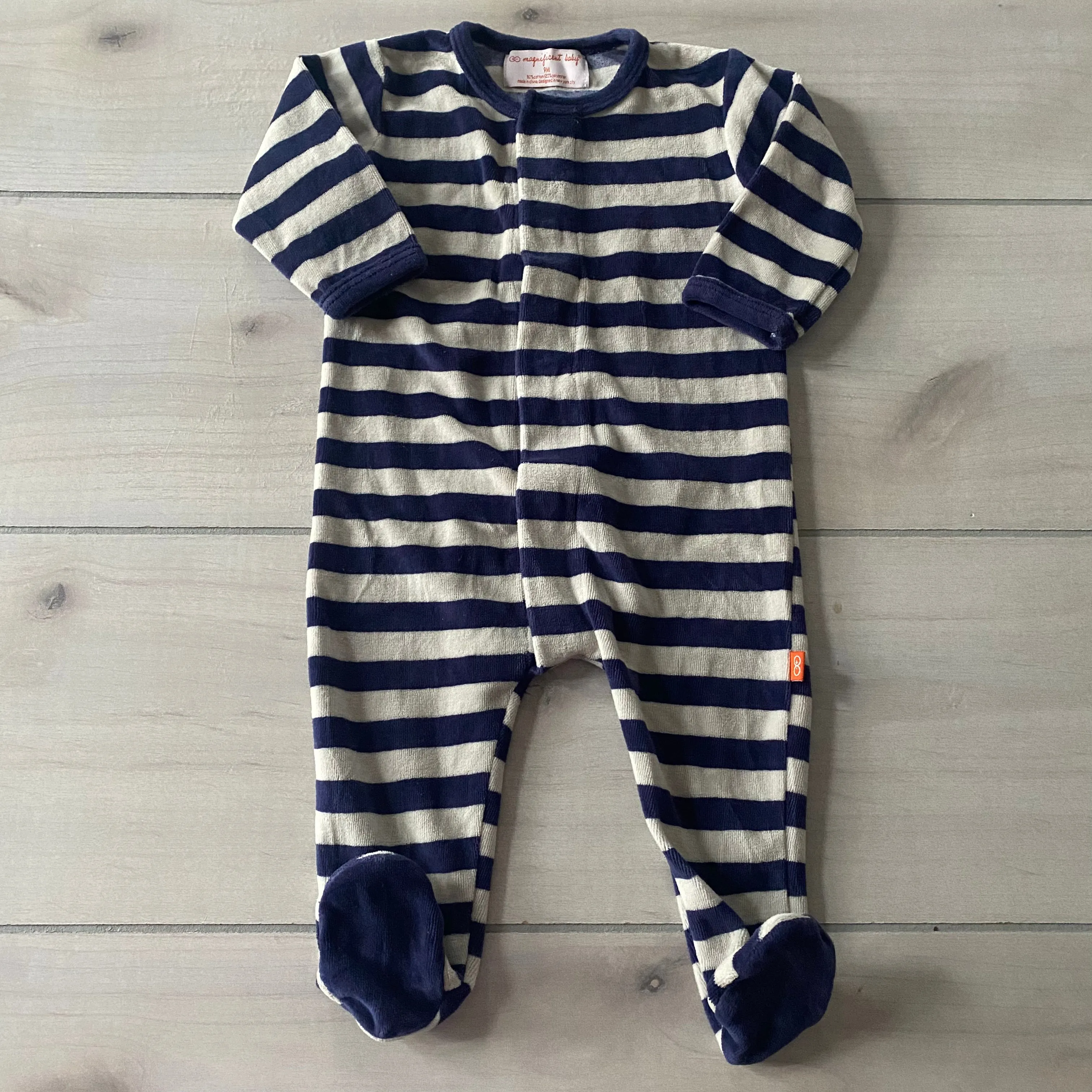 Magnificent Baby Velour Navy Striped Magnetic Footed Sleeper