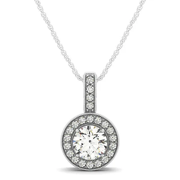 Milgrain Edge Diamond Halo Pendant in 14k White Gold (5/8 cttw)