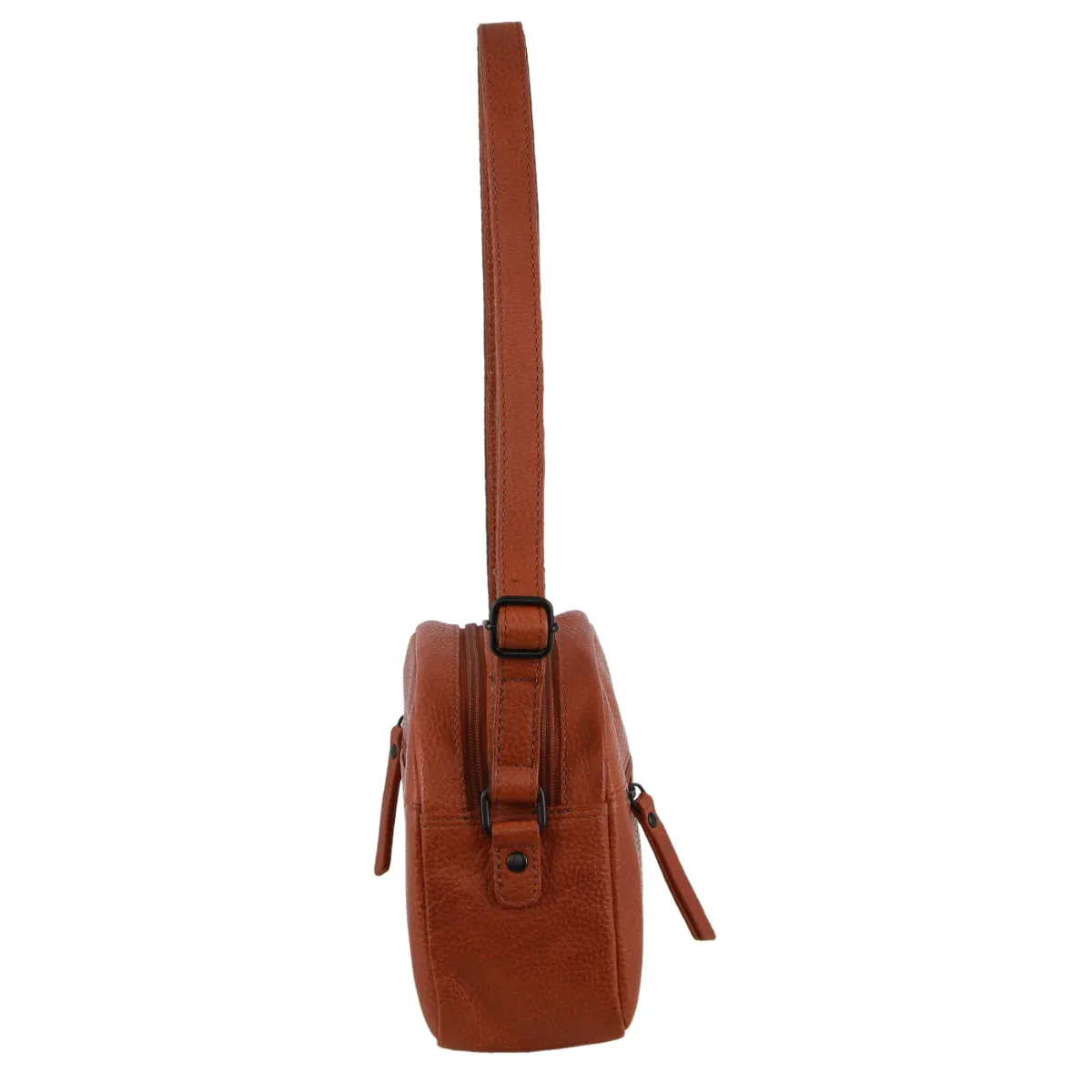 Milleni Leather Multi-Zip Cross-Body Bag in Cognac