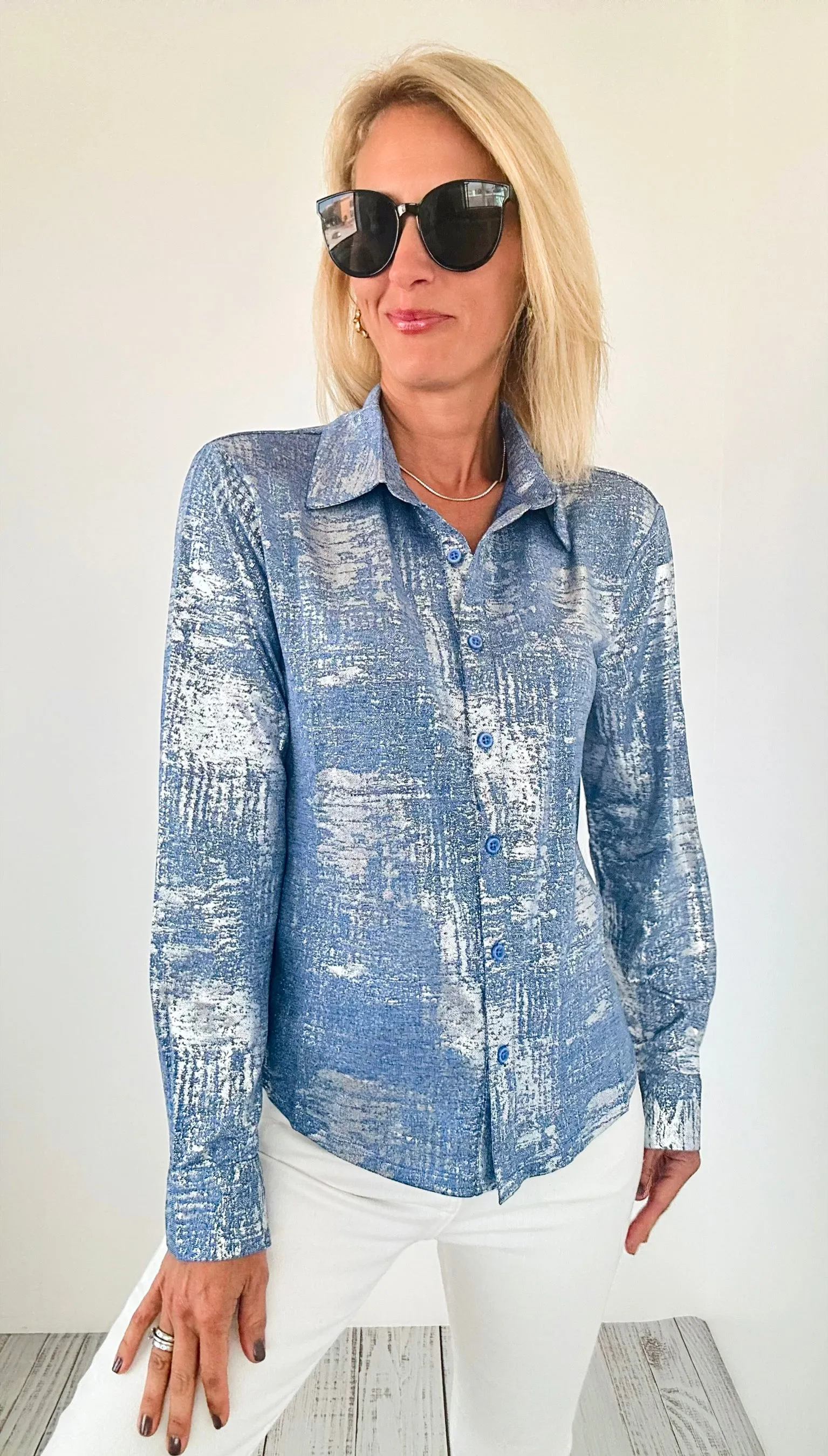 Moonlit Glow Button Down Top - Blue