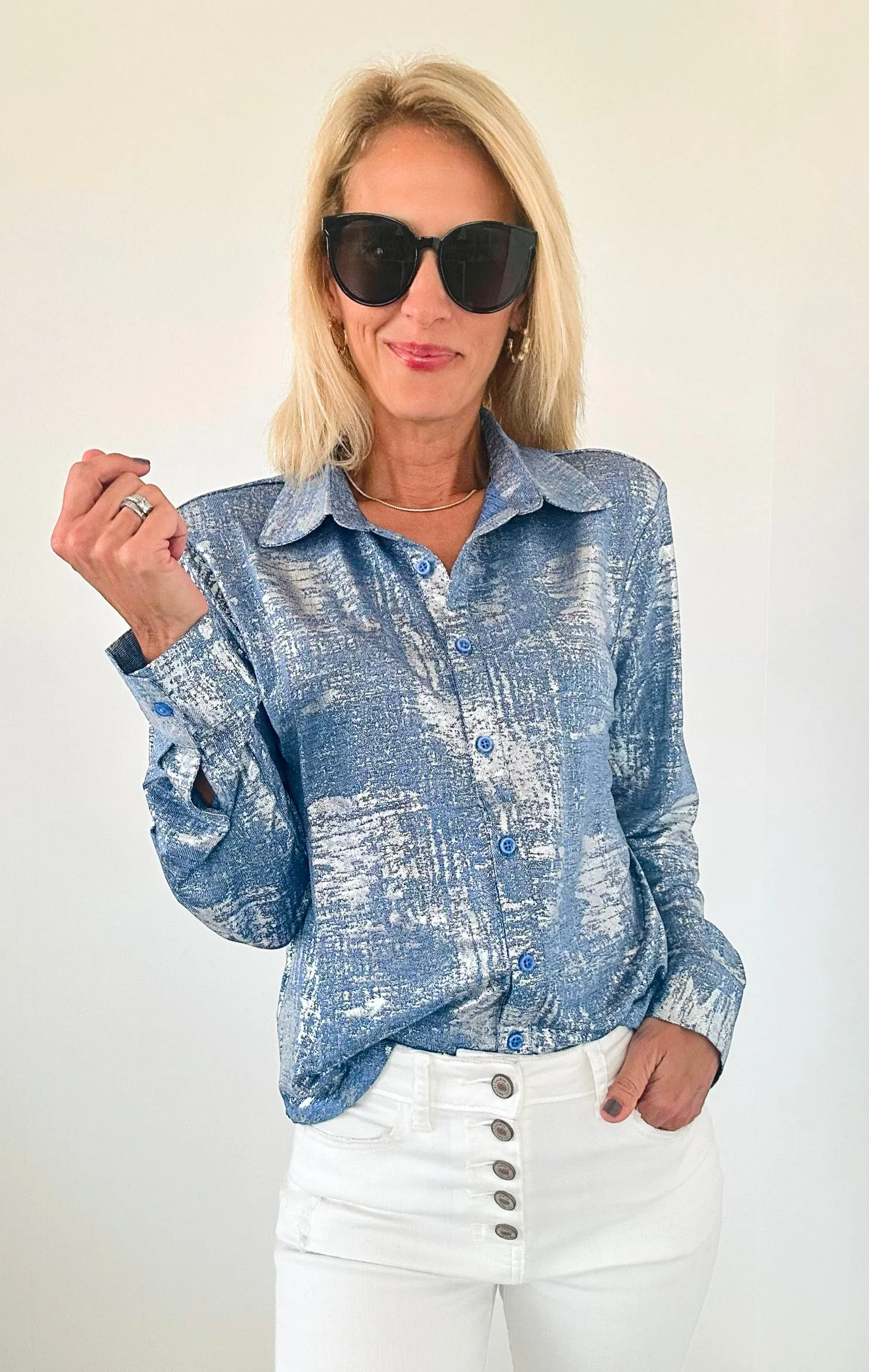 Moonlit Glow Button Down Top - Blue