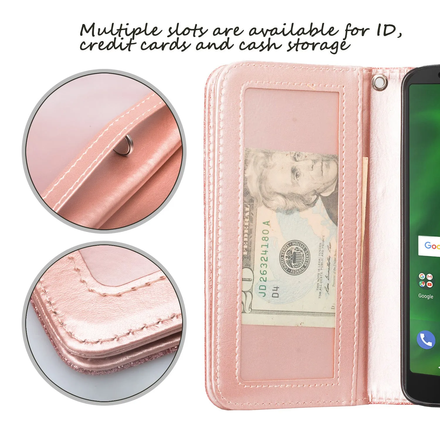 Motorola Moto G6 , Moto G6 2018 Case, [Wrist Strap] Glitter Faux Leather Flip [Kickstand Feature] Protective Wallet Case Cover Clutch - Rose Gold