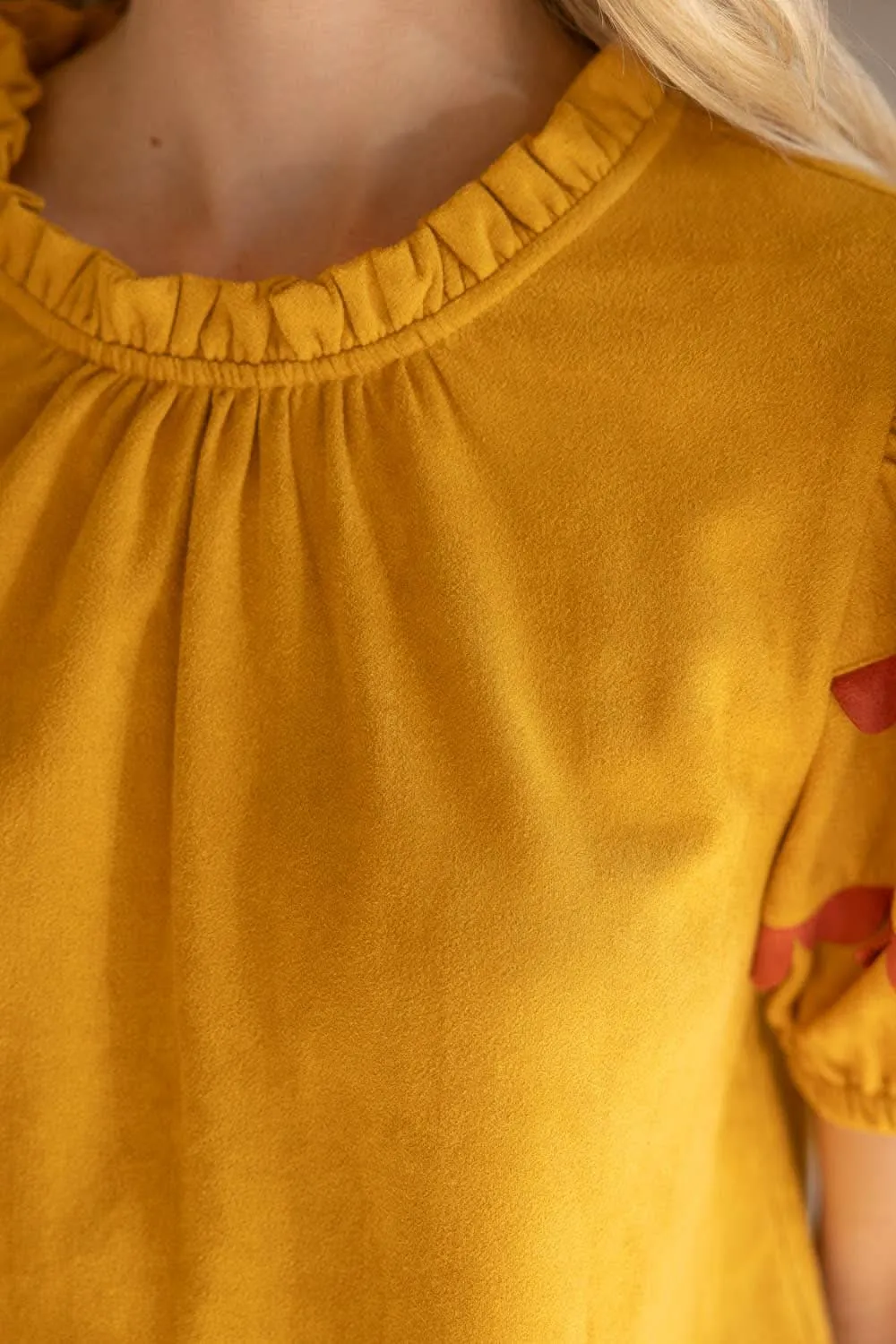 Mustard Scalloped and Smocked Suede Ruffle Top